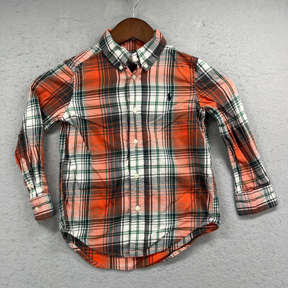 Ralph Lauren Button Down Boys 4T Orange Plaid Pony Long Sleeve Preppy Classic